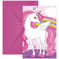 Set de 6 invitații pentru petrecere cu unicorni curcubeu, cu plicuri.