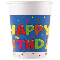 Set de 8 pahare de hârtie cu inscripția Happy Birthday pe fundal alb-albastru, 200ml