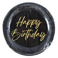 Set de 8 farfurii de hârtie elegante, de culoare negru-auriu, cu inscripția Happy Birthday, 23 cm