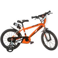Bicicletă pentru copii R88 de 14” cu suport pentru sticlă și roți ajutătoare, culoare portocaliu-negru – bicicletă Dino Bikes