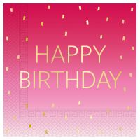 Șervețel de hârtie cu două straturi, de culoare roz, inscripționat cu Happy Birthday, pachet de 20 bucăți.