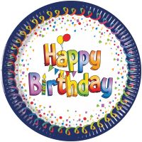 Set de 8 farfurii de hârtie alb-albastre cu inscripția „Happy Birthday”
