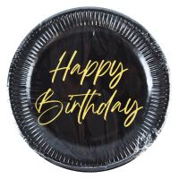 Set de 8 farfurii de hârtie elegante, de culoare negru-auriu, cu inscripția Happy Birthday, 23 cm
