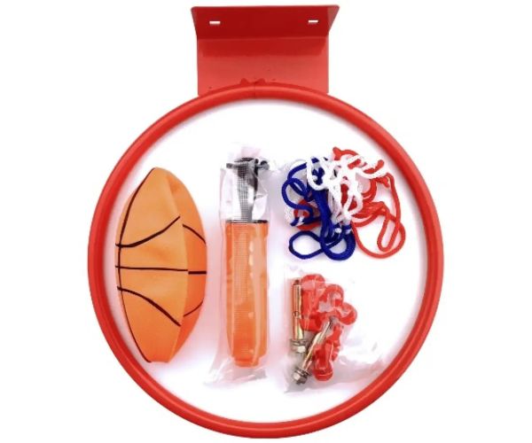 Set de inele metalice de baschet cu plasă colorată, cu minge și pompă 22cm