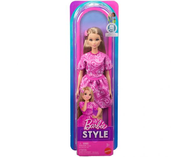 Barbie: Fashionista Prietene stilate păpușă de modă cu rochie roz cu model de fular - Mattel