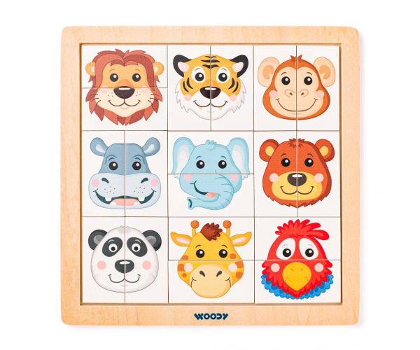 Puzzle din lemn cu cap de animal Safari Montessori - Woodyland