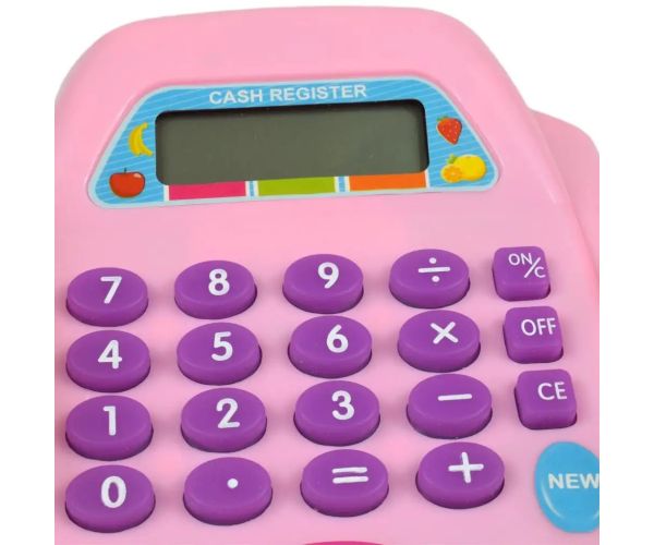 Casă de marcat electronică roz cu lumină și sunet, bani de jucărie 25x14cm
