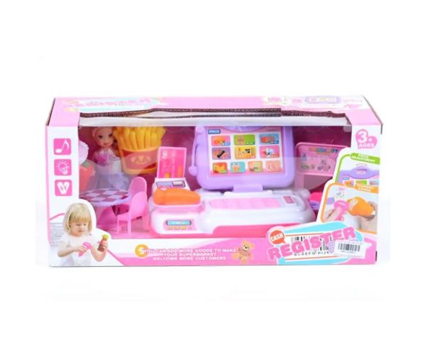 Casă de marcat mov-pink cu accesorii, sunete și lumini