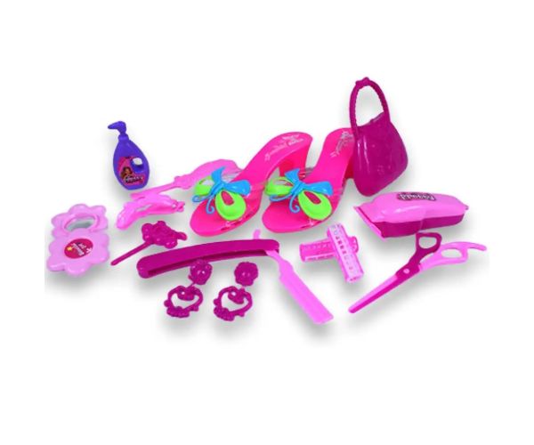Set de frumusețe cu accesorii pentru coafor, pantofi și cercei într-o geantă