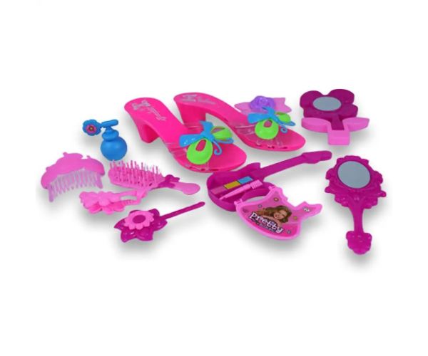 Set de frumusețe cu pantofi, machiaj și accesorii de coafură într-o geantă