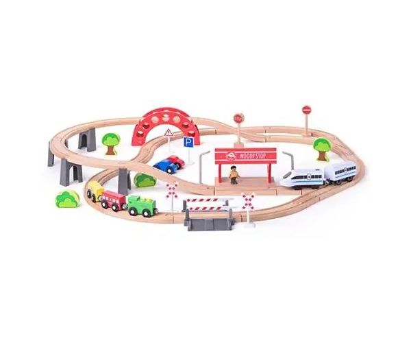 Tren de lemn cu șine și locomotivă cu baterii set de 60 de piese - Woodyland