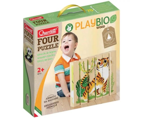 PlayBio Animale pe cale de dispariție 4 in 1 puzzle lemn - Quercetti