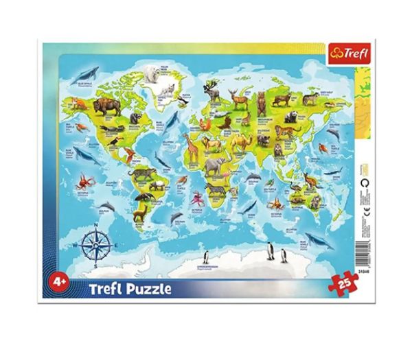 Hartă a lumii cu animale 25 de piese puzzle cu ramă - Trefl