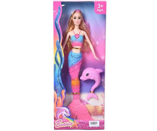 Păpușă sirenă păr blond cu delfin 30cm