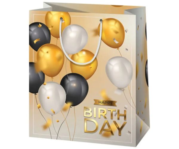 Happy Birthday! baloane auriu pungă cadou dimensiune medie 18x10x23cm