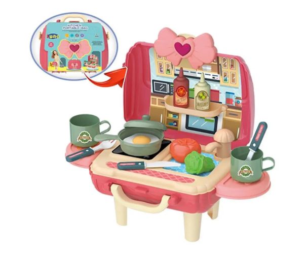 Set de joacă de bucătărie culoarea roz în valiză care se închide 25 bucăți set