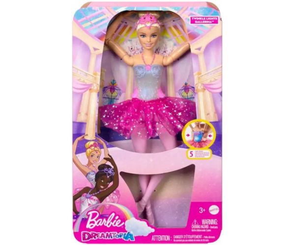 Barbie®: Balerina curcubeu strălucitoare cu păr blond și lumini - Mattel