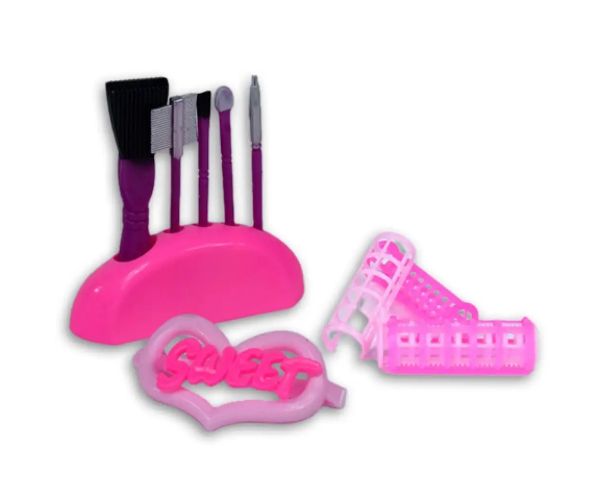 Set de frumusețe roz din 7 piese cu pensulă machiaj, uscător de păr și accesorii