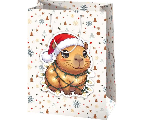 Geantă de cadou uriașă cu model de hamster cu pălărie de Crăciun 33x15x44,5cm