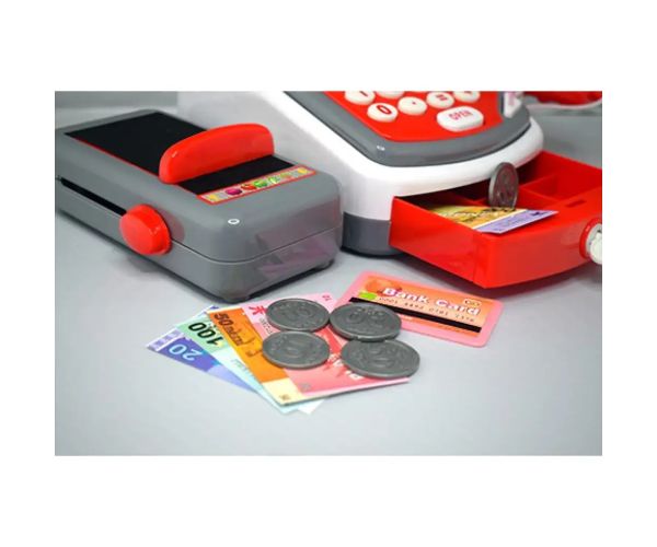 Casă de marcat electronică rosie cu bandă rulantă, cu produse și sunete
