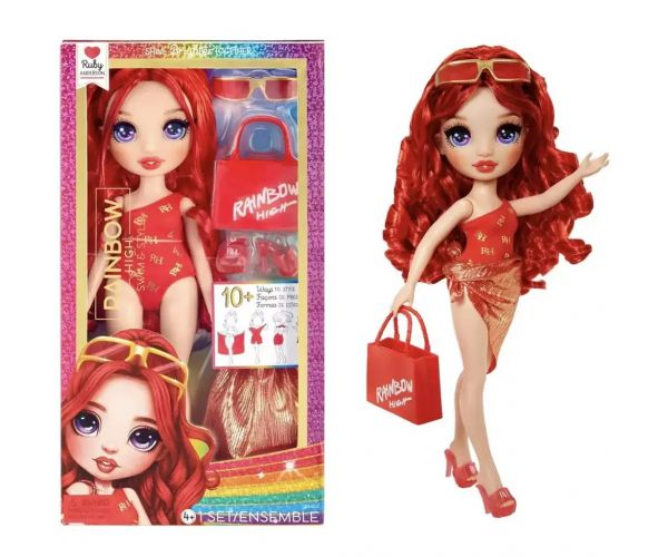 Rainbow High: Păpușă de modă Ruby pentru plajă, cu costum de baie și accesorii de modă