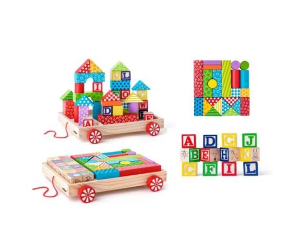 Lemn ABC vehicul cu cuburi de construcție și cuburi de litere