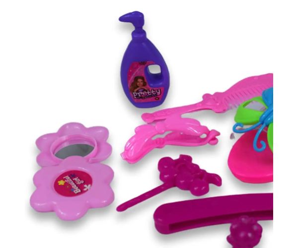 Set de frumusețe cu accesorii pentru coafor, pantofi și cercei într-o geantă