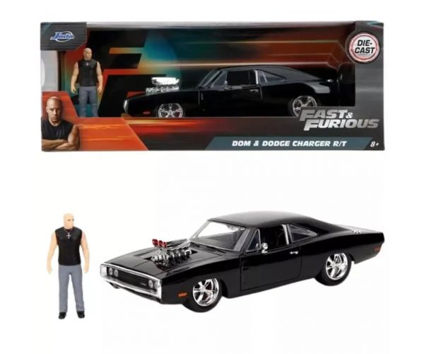 Fast & Furious: 1970 Dodge Charger model de mașină din metal cu figurina Dom 1/24 - Simba Toys