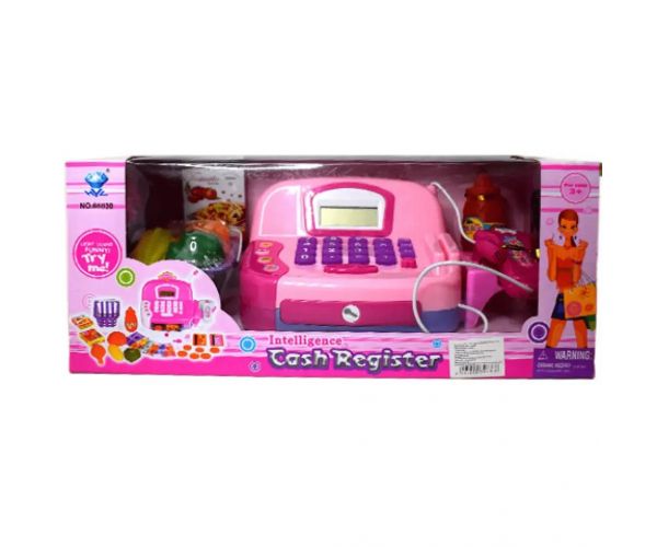Casă de marcat electrică roz cu microfon, bani de jucărie și sunet