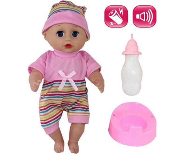Bebeluș în șapcă cu accesorii și sunete 30cm