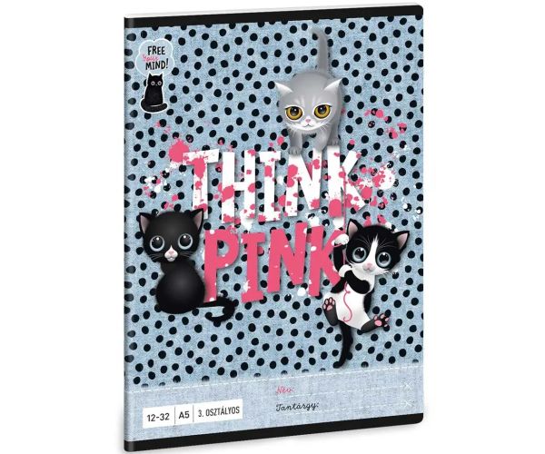 Ars Una: Think Pink pisică simpatică caiet cu linii pentru clasa 3-a 32 file A5