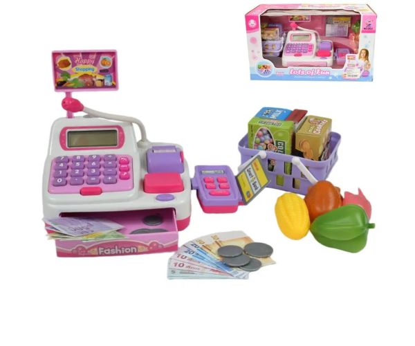 Happy Shopping: Casă de marcat electronică alb-roz cu sunet si accesorii 22,5x17cm
