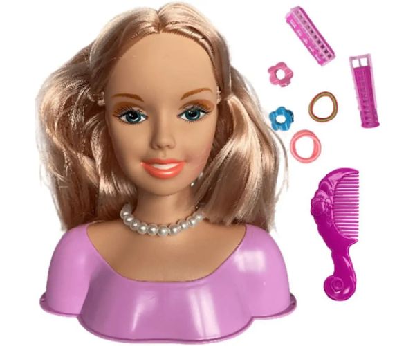 Cap de păpușă cu păr lung și blond pieptănabil cu agrafe de păr si accesorii