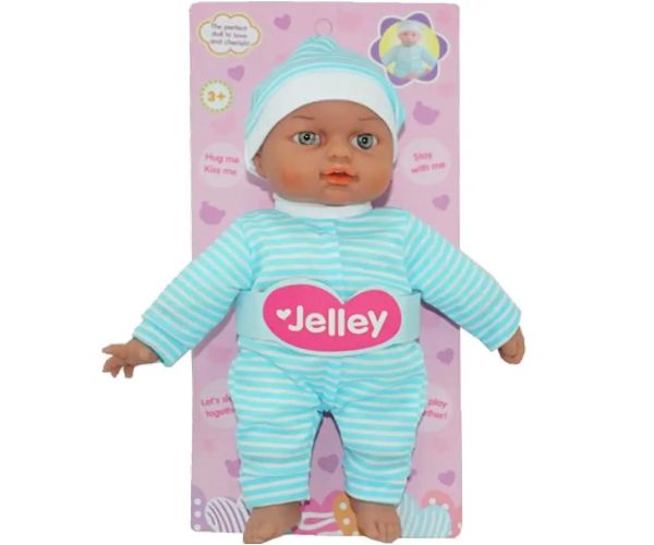 Bebeluș Jelley în rochie cu dungi albastre 25cm
