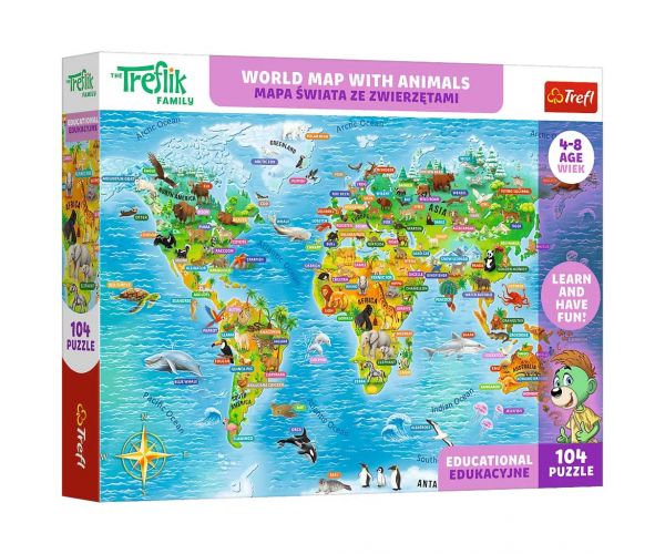 Puzzle educativ cu harta lumii cu animale 104 piese - Trefl