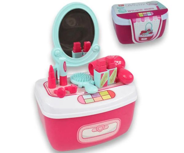 Set de frumusețe cu măsuță de toaletă cu oglindă și machiaj într-o cutie de depozitare