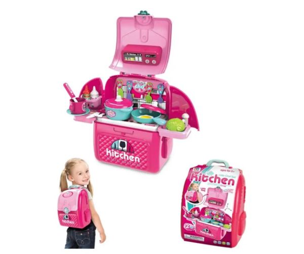 Pink transportabil 2in1 bucătărie de joacă set în rucsac