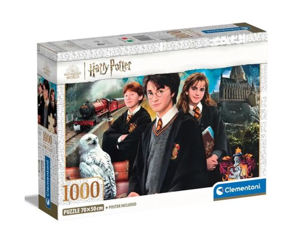 Harry Potter - La poarta Hogwarts cu puzzle de 1000 de piese și poster - Clementoni