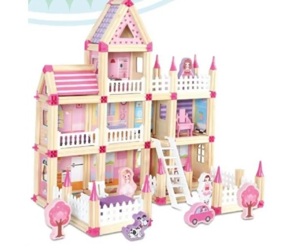 Set de joacă castel culoarea roz lemn cu accesorii