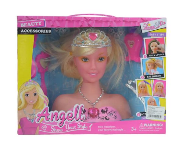 Angell: Cap de păpușă pieptănabilă se poate coafa cu tiara și accesorii 21 cm