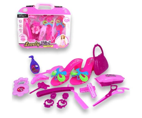 Set de frumusețe cu accesorii pentru coafor, pantofi și cercei într-o geantă