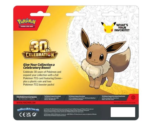 Pokémon TCG: 30 de ani de sărbătoare 2-Pack Blister – Dublu Larg (promo Eevee + monedă Pikachu)