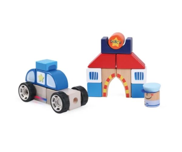 Cuburi de construcție lemn colorat - Set de joacă Poliție