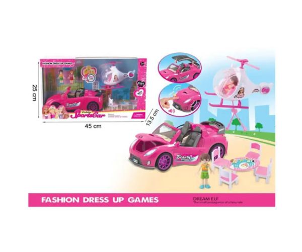 Set mașină de sport pink cu elicopter și accesorii