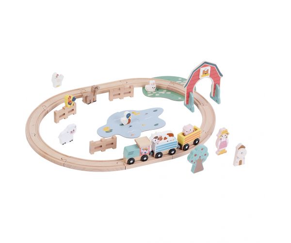 Set de cale ferată din lemn cu figurine de animale și accesorii