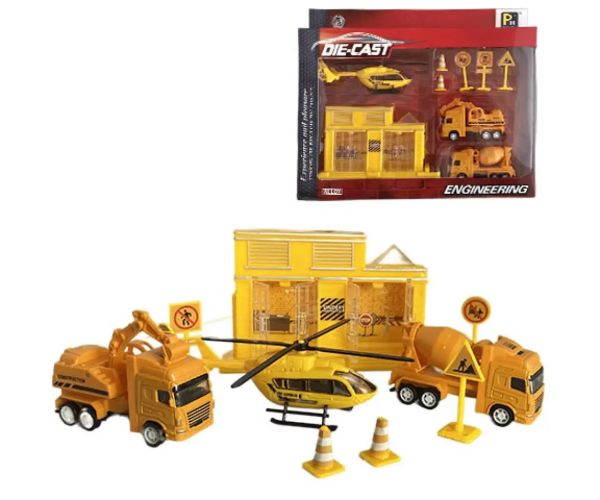 Construcție mare cu vehicule, clădire și elicopter set de joacă din 9 piese