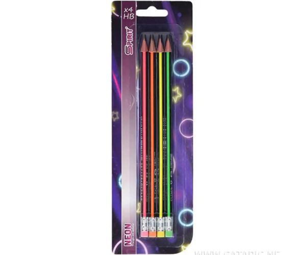 Spirit: Triunghi HB neon creion grafit cu radieră 4 bucăți set