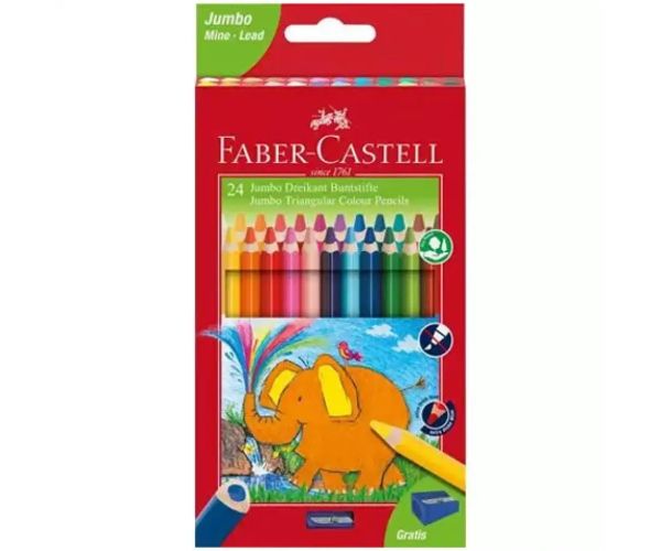 Faber-Castell: Jumbo 24 bucăți creioane colorate triunghi cu ascuțitoare