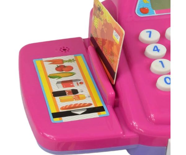 Casă de marcat roz cu lumina si sunet, accesorii si bani de joc 24cm 