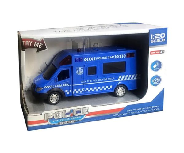 Microbuz de poliție cu roți mobile, cu efecte de lumină și sunet, la scară 1/20
